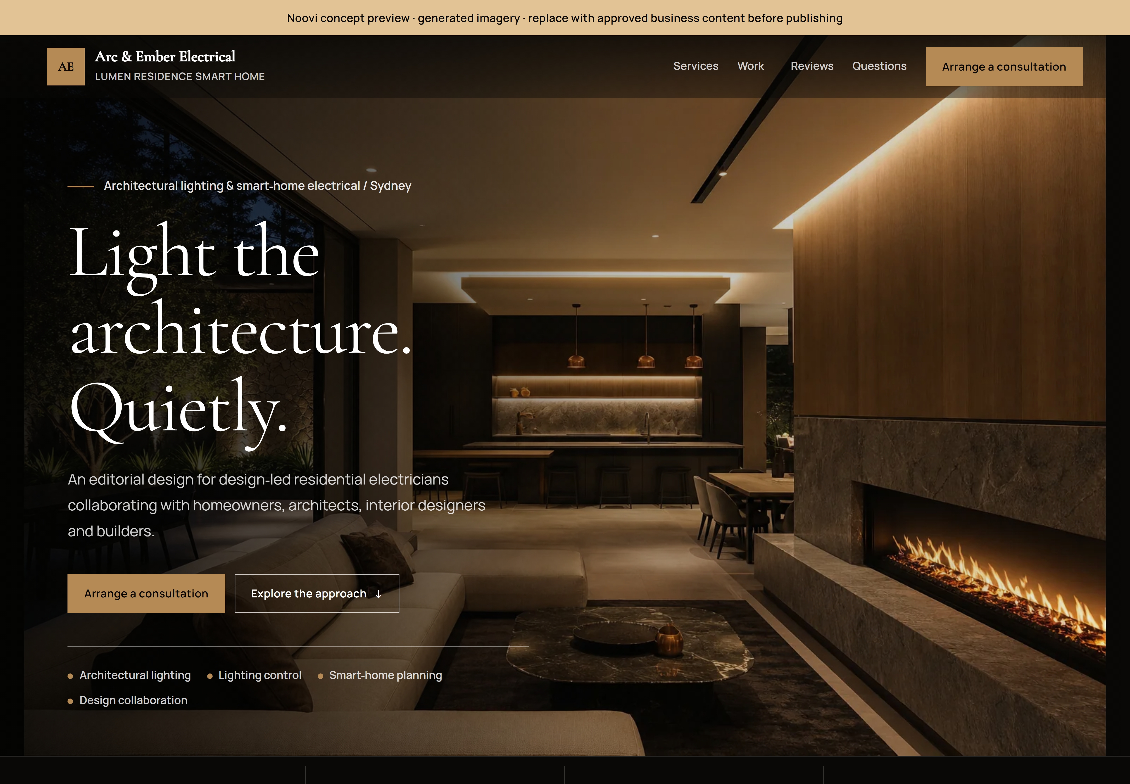 Lumen Residence Noovi electrician design shown with the fictional Arc and Ember Electrical identity